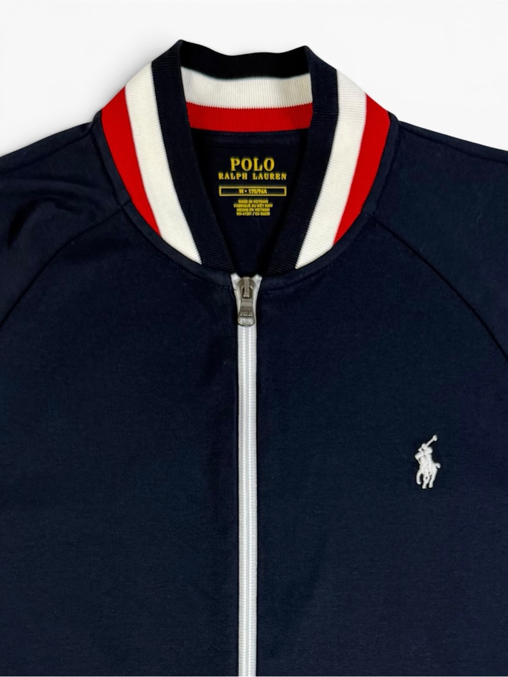 Polo Ralph Lauren Navy Double Knit Bomber Full Zip Striped Trim M